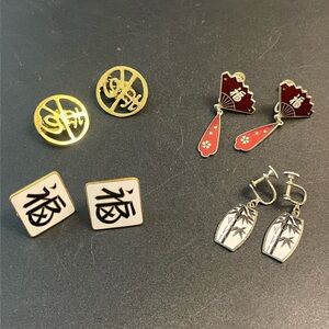 Mixed Asian-Inspired Earrings Set — Gold, Red, White, Silver